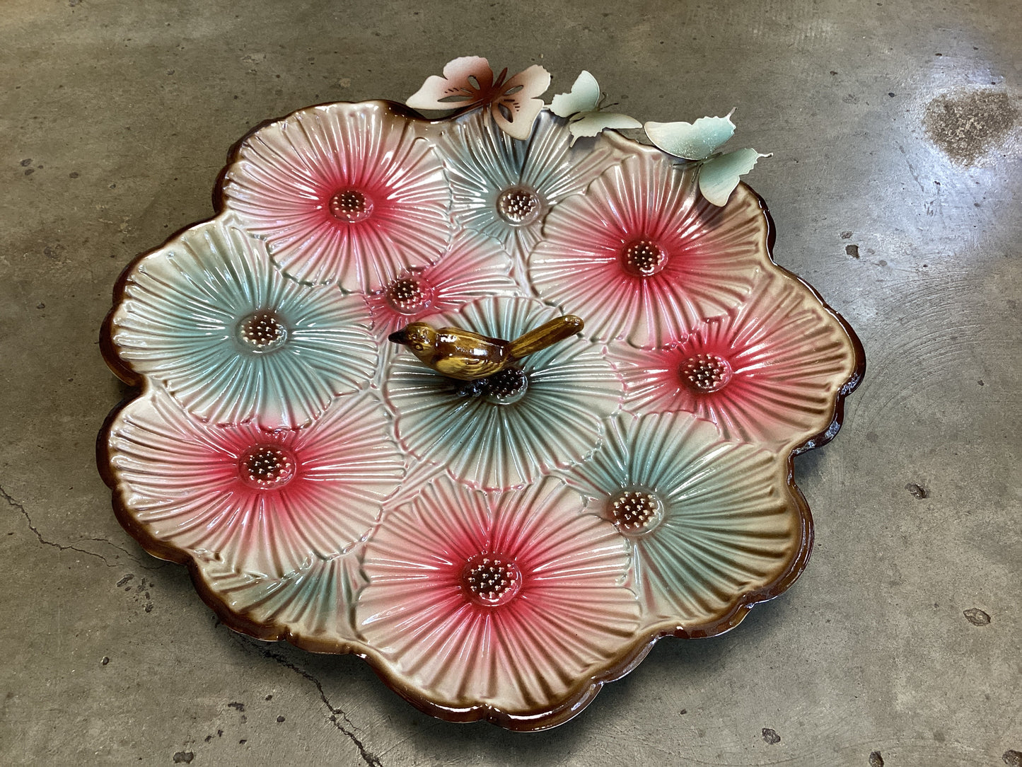 Evergreen 17” Metal Sculpted Edge Bird Bath with Butterfly & Flowers