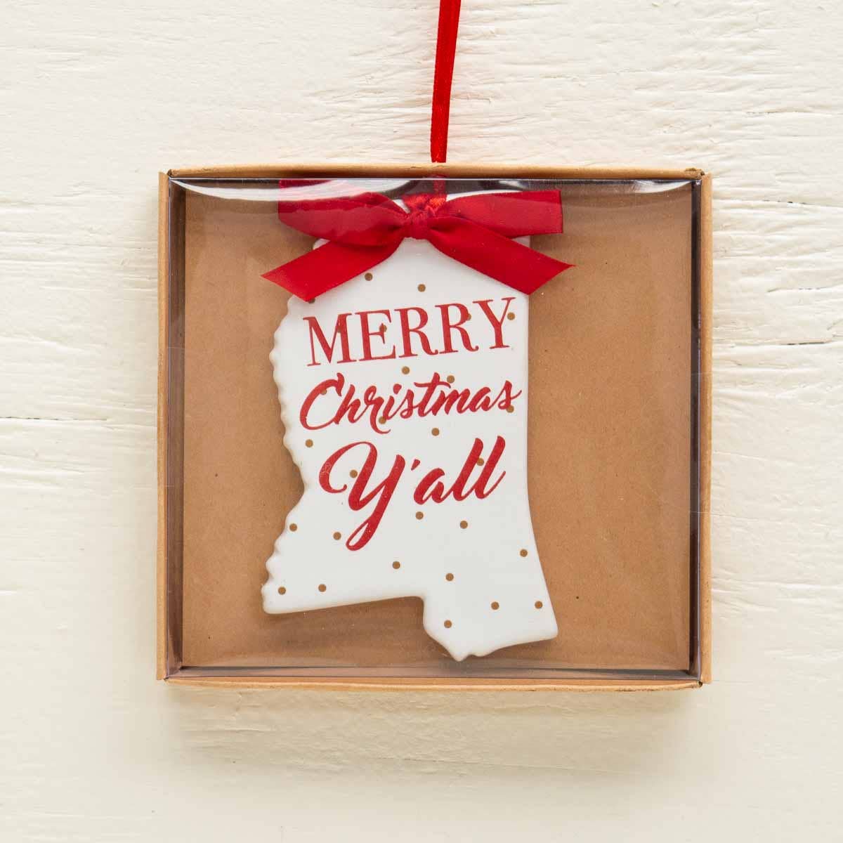 Mississippi Merry Christmas Y'all Ornament White/Red/Gold 4"
