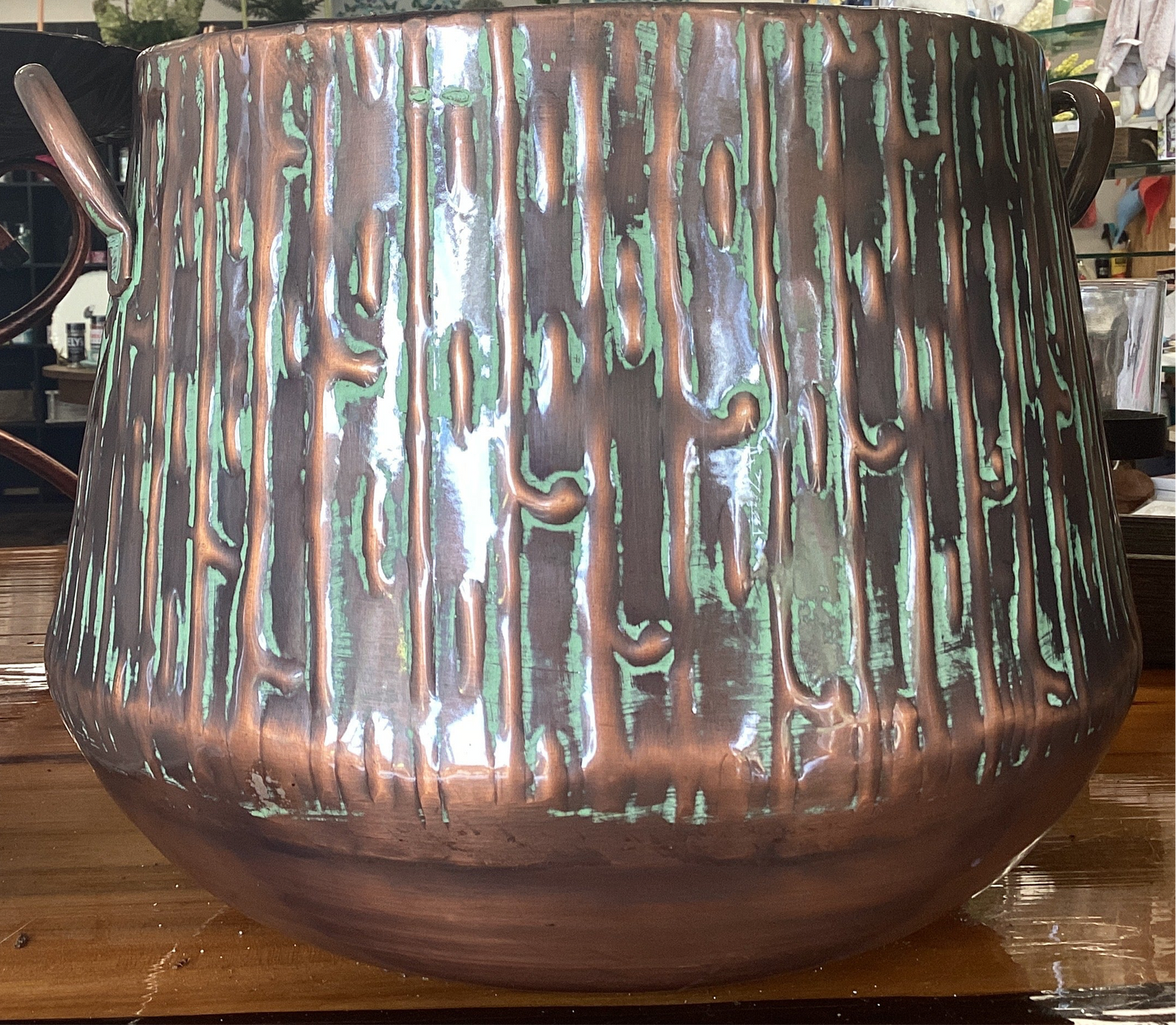Bronze and green metal planter
