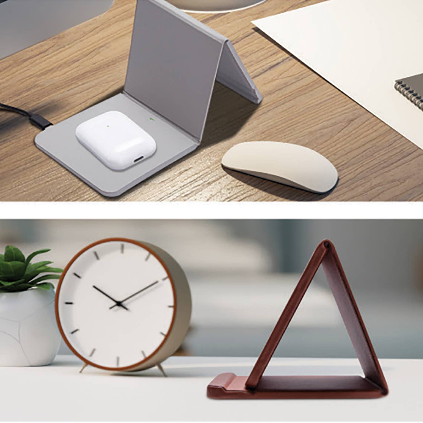 Tan with Black - Leather Wireless Charging Folding Stand