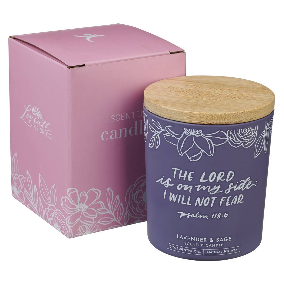Glass Candle w/Bamboo Lid Purple No Fear Ps. 118:6