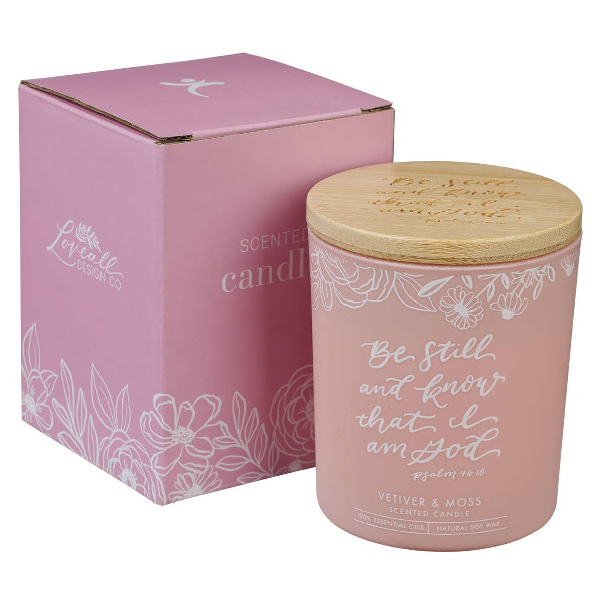 Glass Candle w/Bamboo Lid Pink Be Still Ps. 46:10