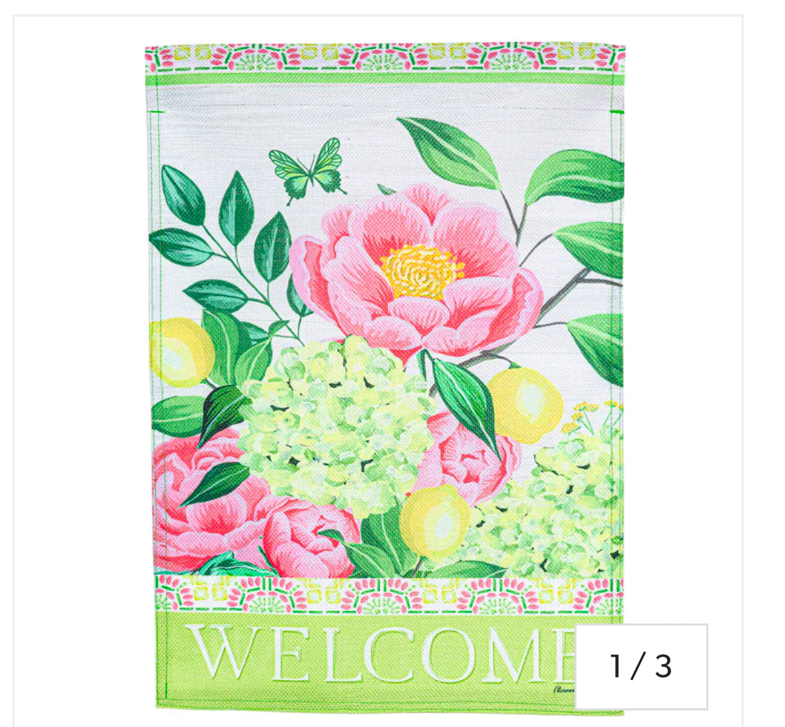 Floral welcome burlap house flag