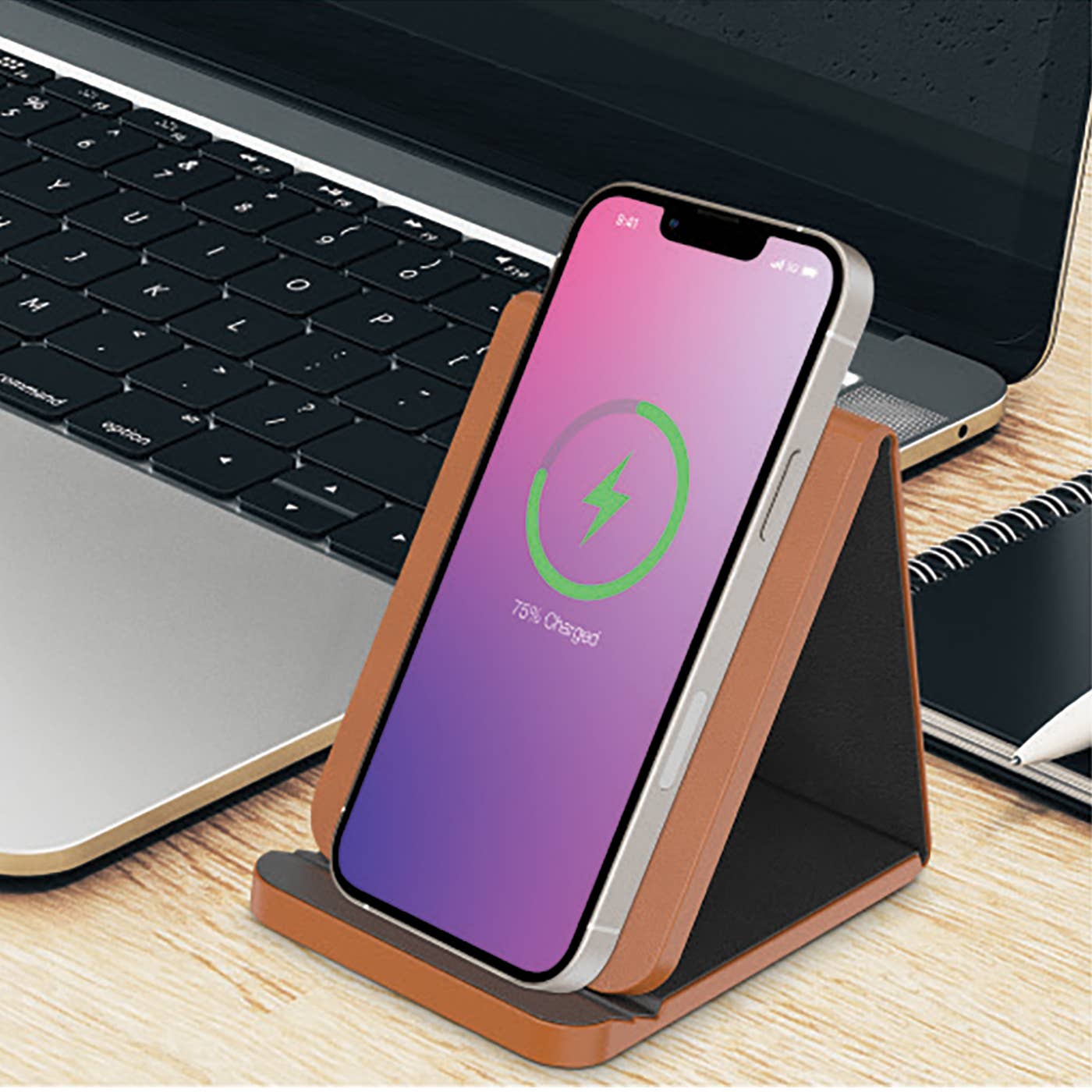 Tan with Black - Leather Wireless Charging Folding Stand