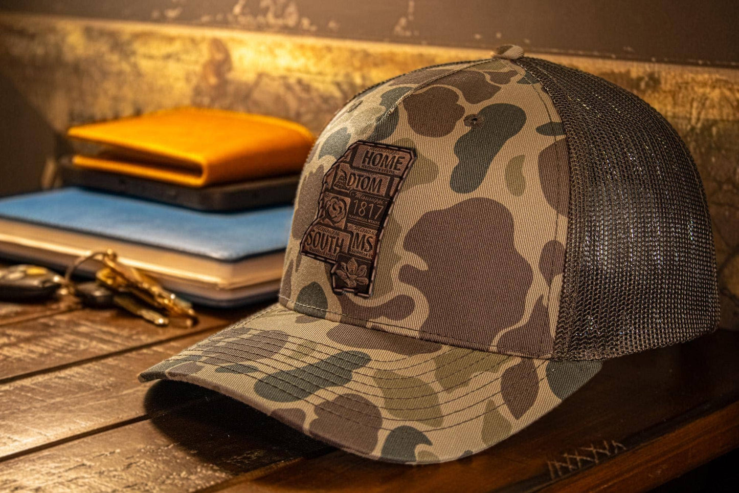 Mississippi Map Old School Camo Trucker Hat.