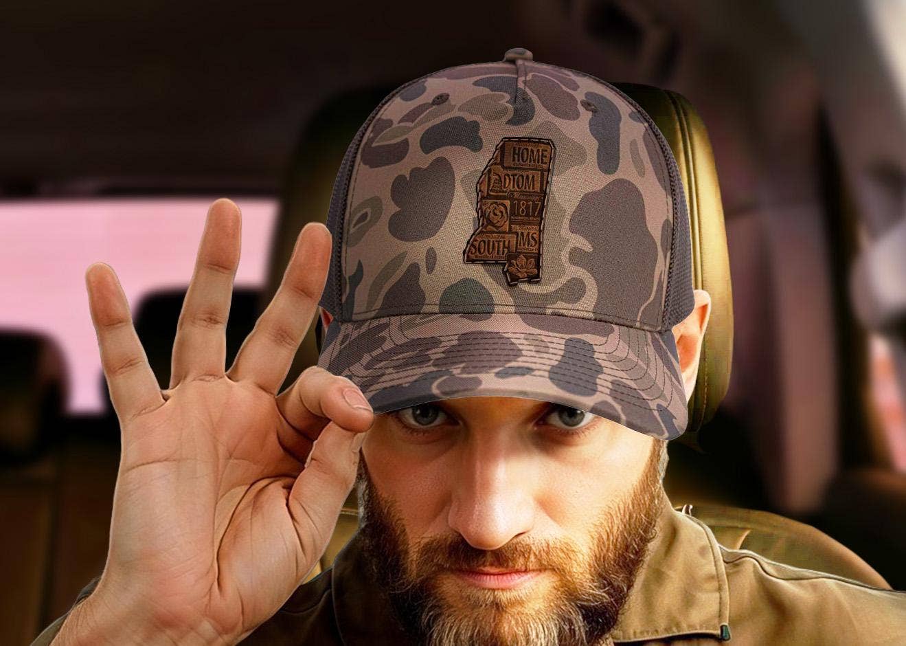 Mississippi Map Old School Camo Trucker Hat.