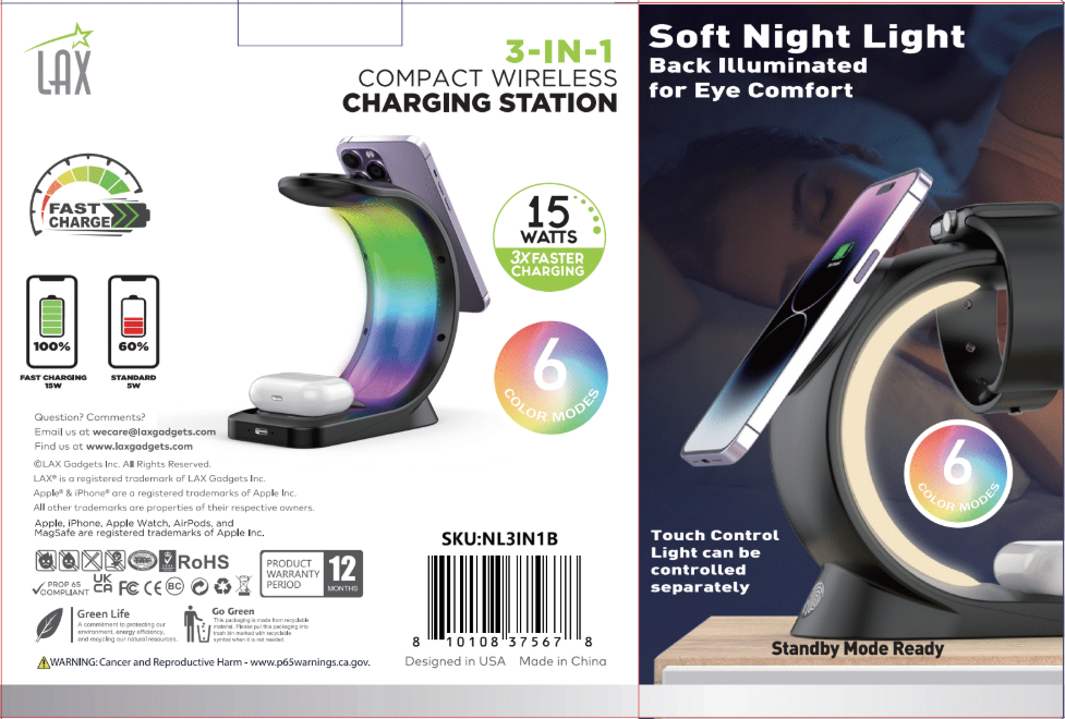 3-in-1 Charger Station w/ Night Lamp & Adapter - Retail Pack