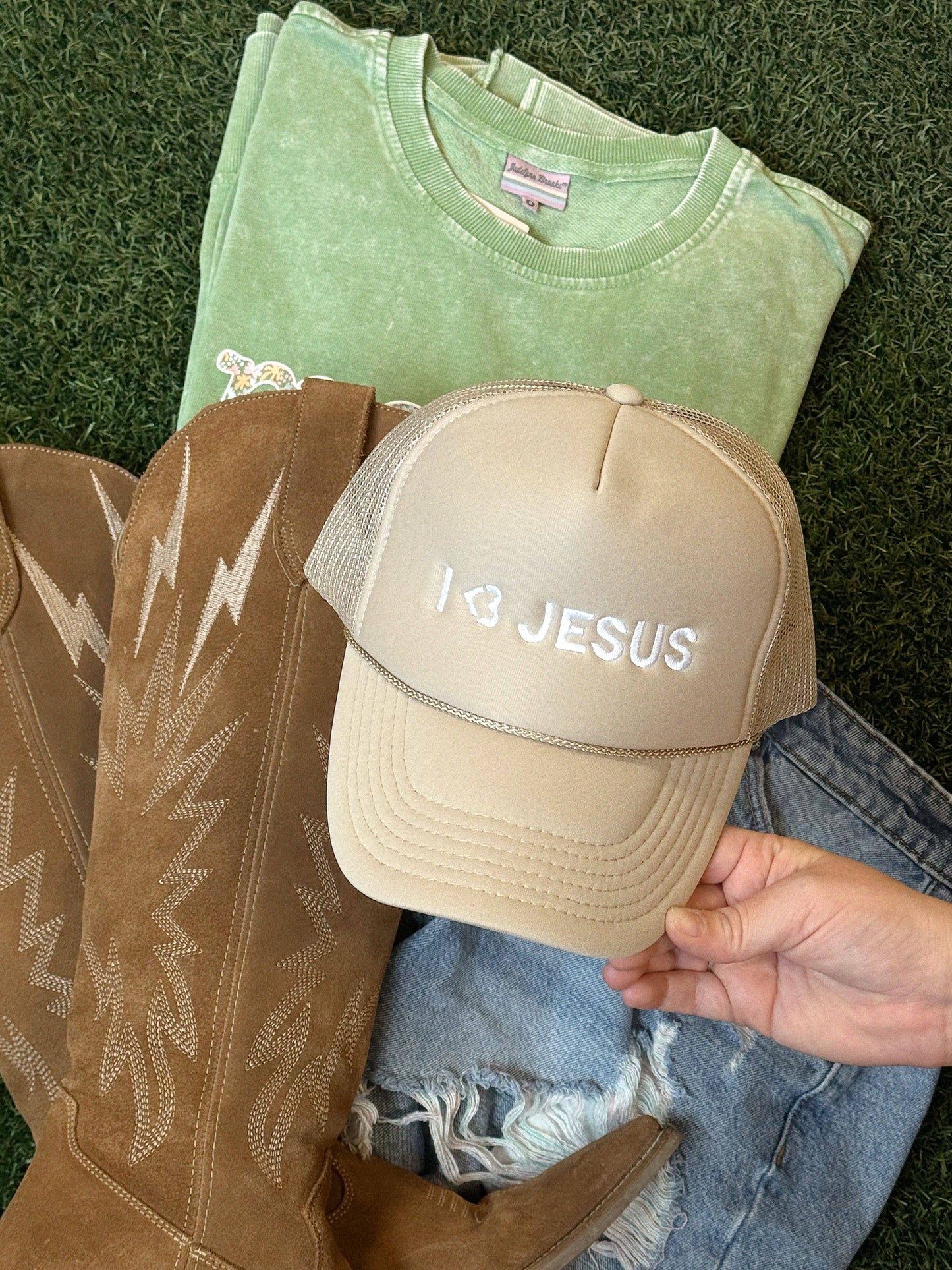 I <3 Jesus Embroidered - Tan Trucker Hat