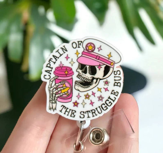 Captain of the Struggle Bus Skeleton Badge Reel Clip Holder : Alligator Swivel Clip