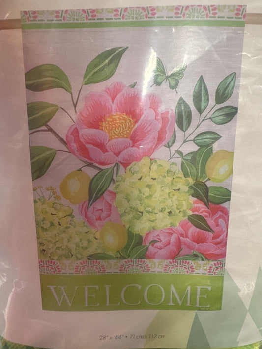 Floral welcome burlap house flag