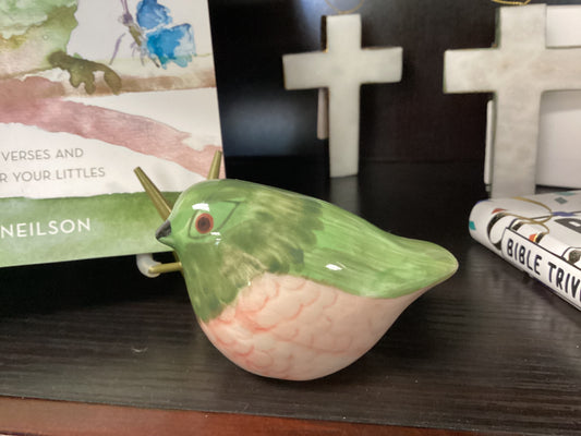 Green and pink pottery bird