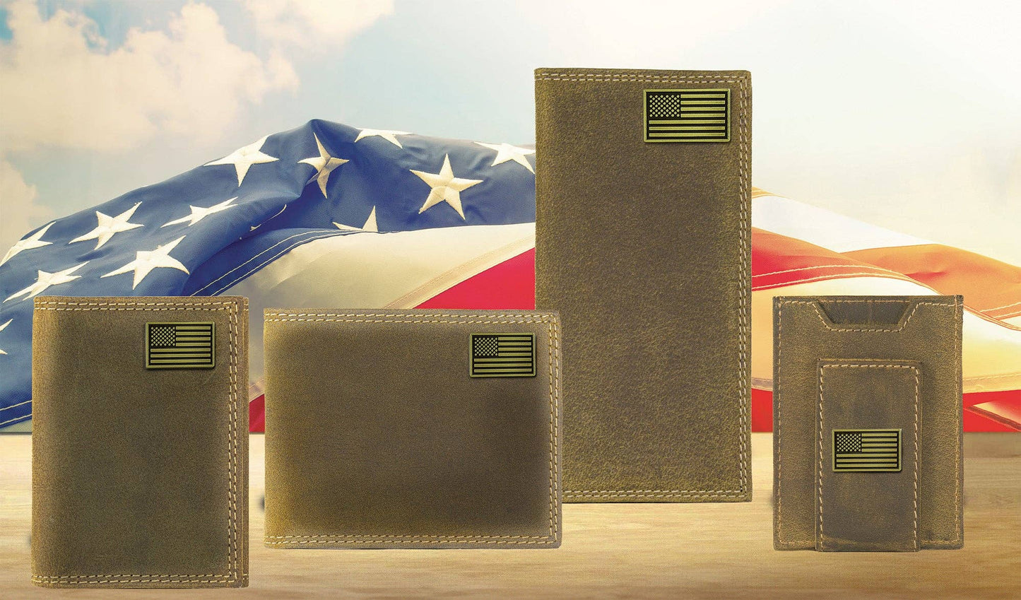 American Flag Vintage Tan Leather Secretary Wallet