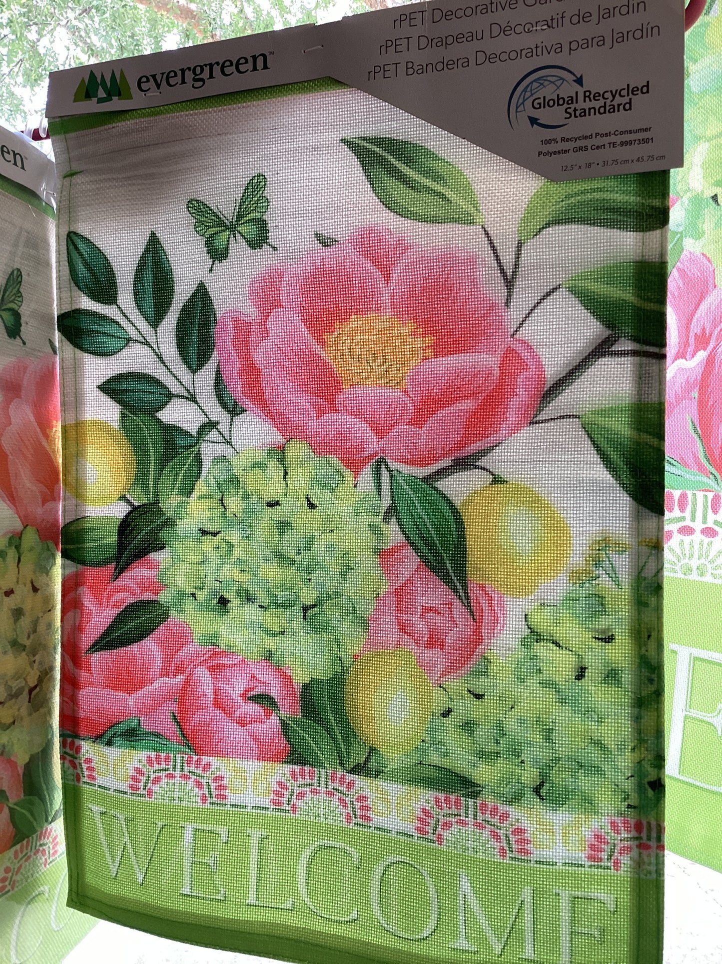 Floral welcome burlap garden flag