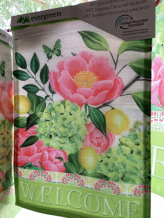 Floral welcome burlap garden flag