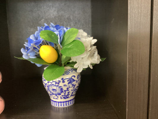 Evergreen Blue and White faux Hydrangea with Lemon