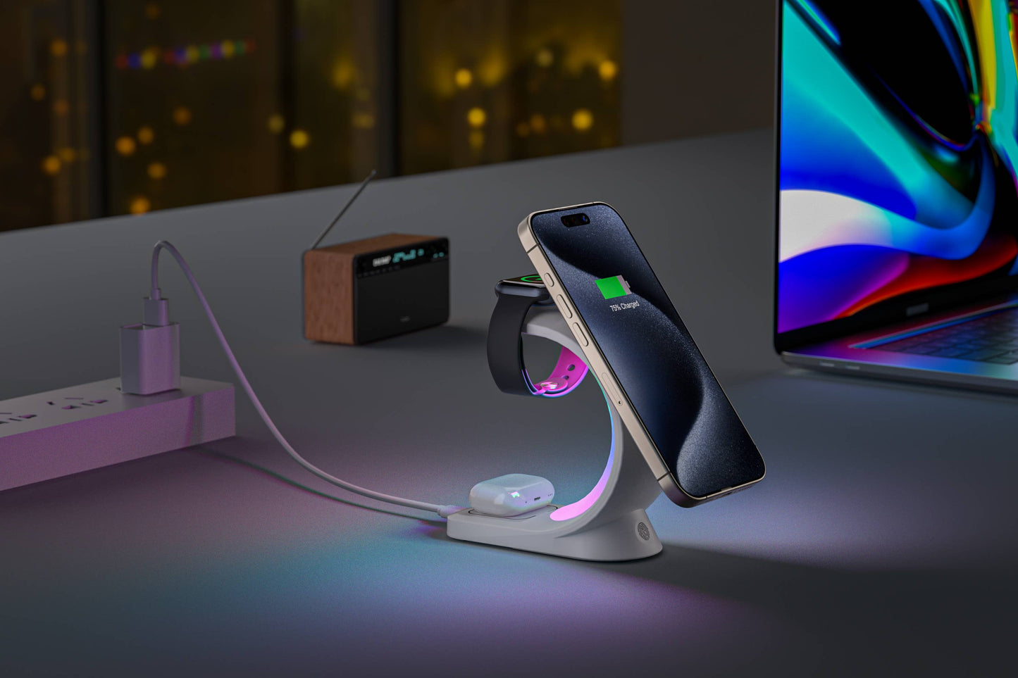 3-in-1 Charger Station w/ Night Lamp & Adapter - Retail Pack
