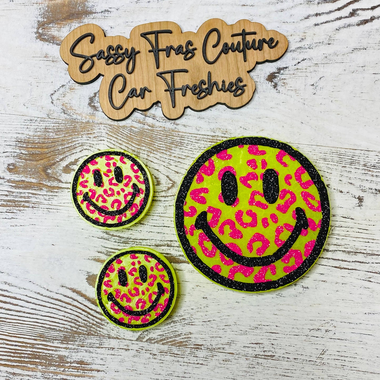 Leopard Smiley Face Car Freshie Set with vent clips: Cowgirl Britches