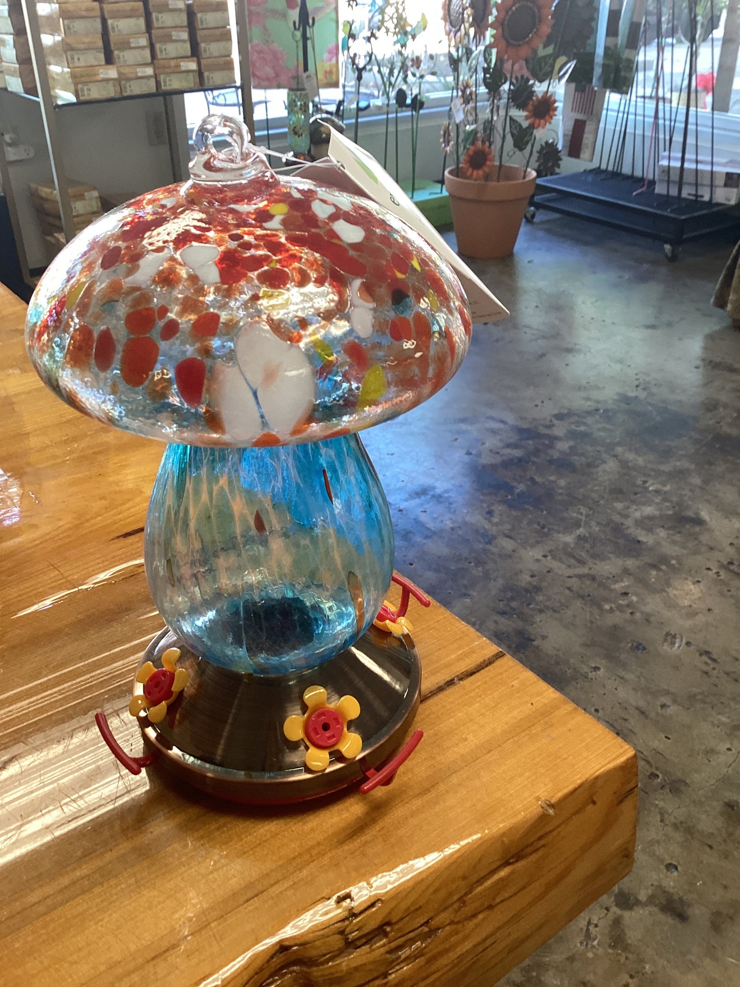 Garden of Wonder Bird Feeder,Art Glass Hanging Mushroom, Red & Blue