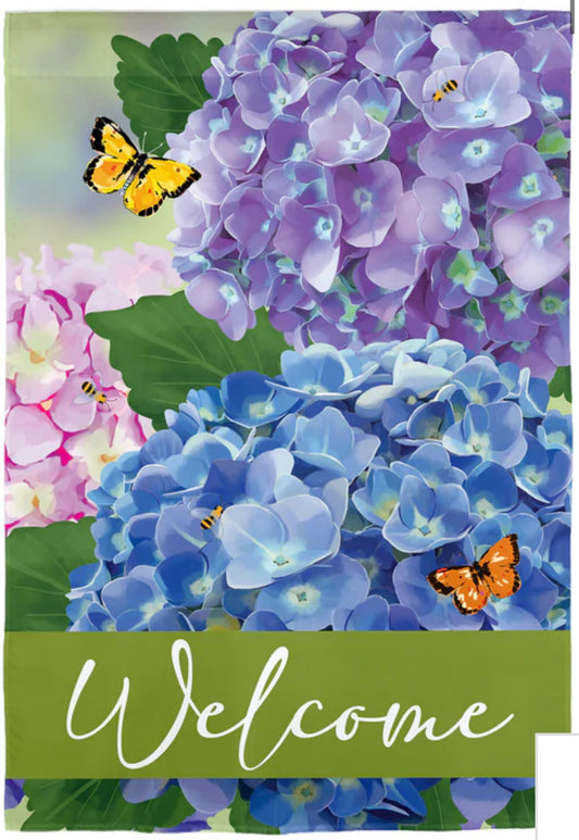 Hydrangea & Butterfly Welcome flag