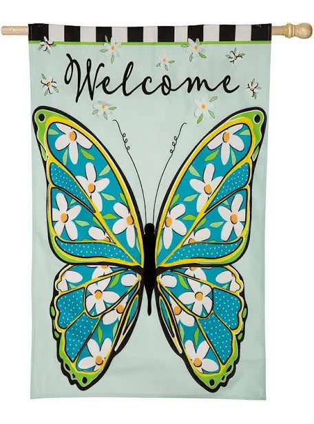 Floral Butterfly Welcome Linen House Flag