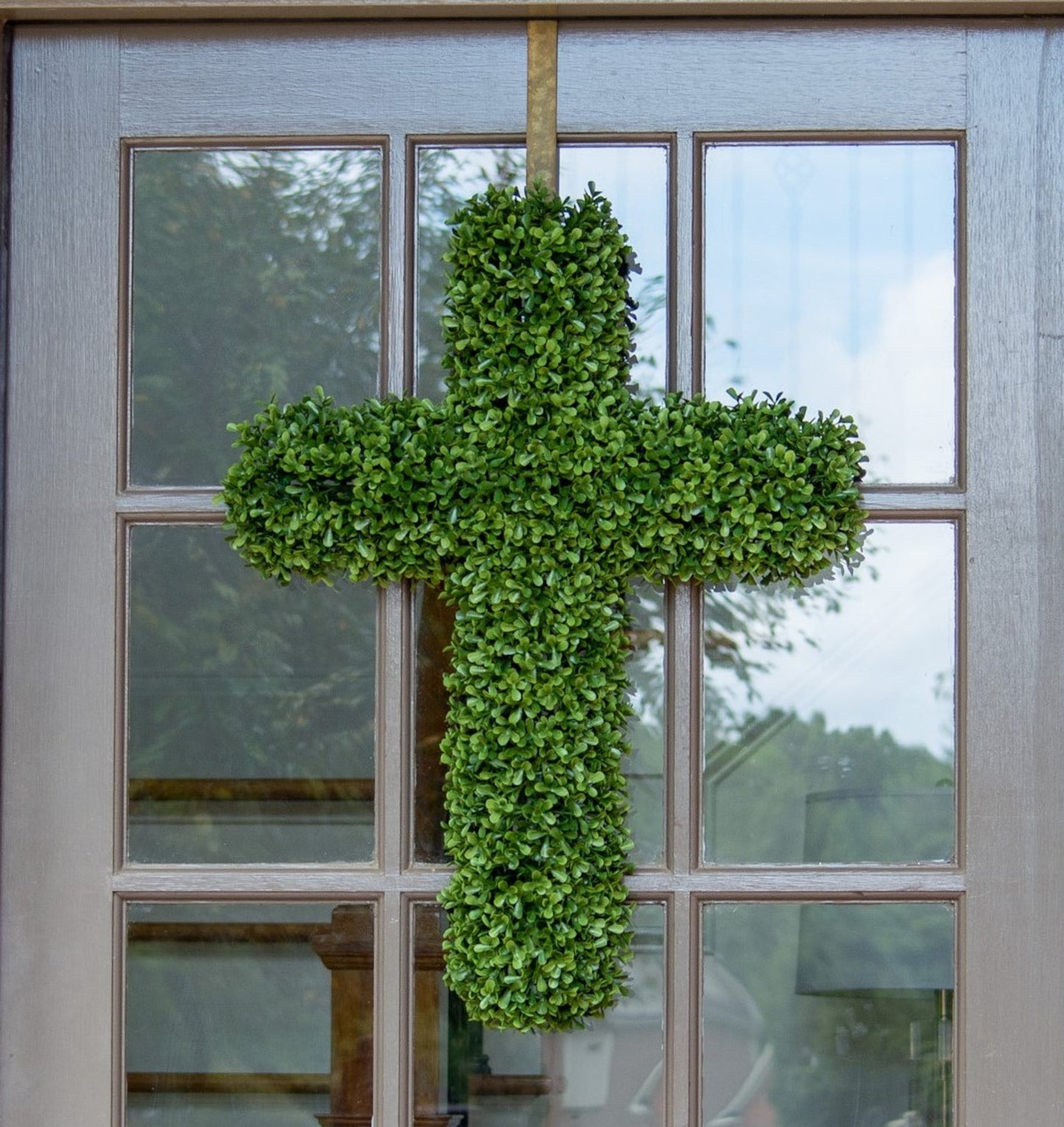 Faux Boxwood Crosses with Satin Bow 26”