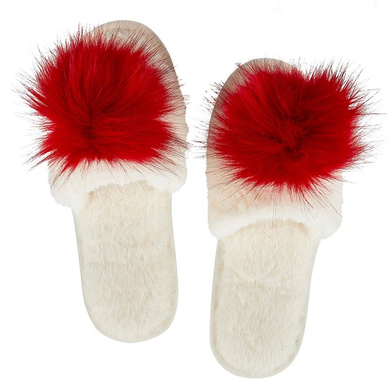 Plush Slippers - Ivory with Red Pom Pom: Large