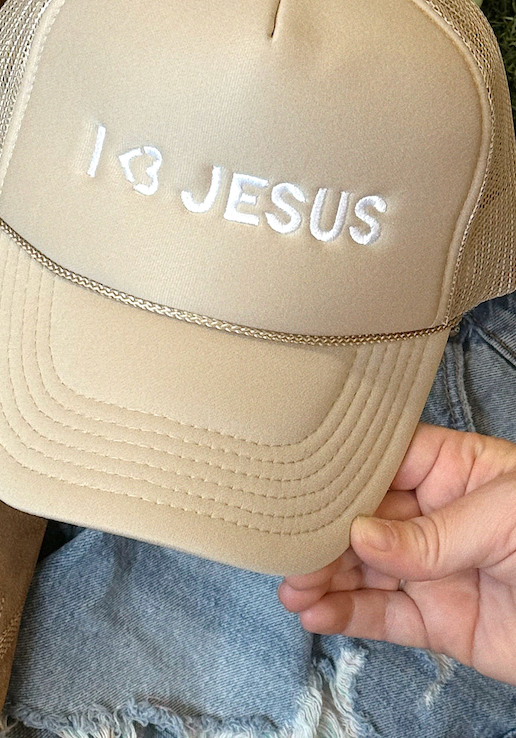 I <3 Jesus Embroidered - Tan Trucker Hat