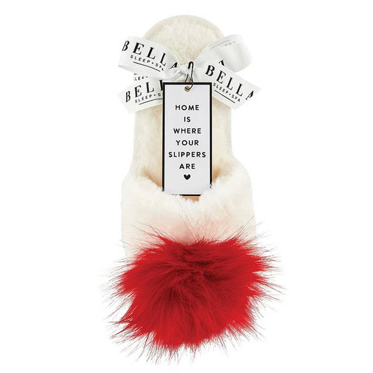 Plush Slippers - Ivory with Red Pom Pom: Large