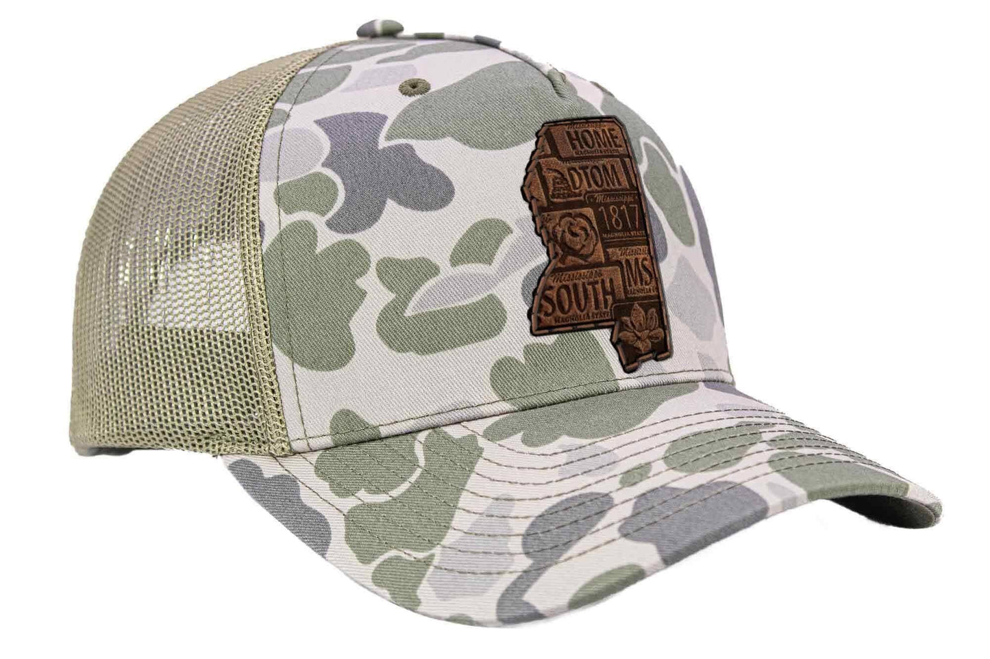 Mississippi Map Old School Camo Trucker Hat.