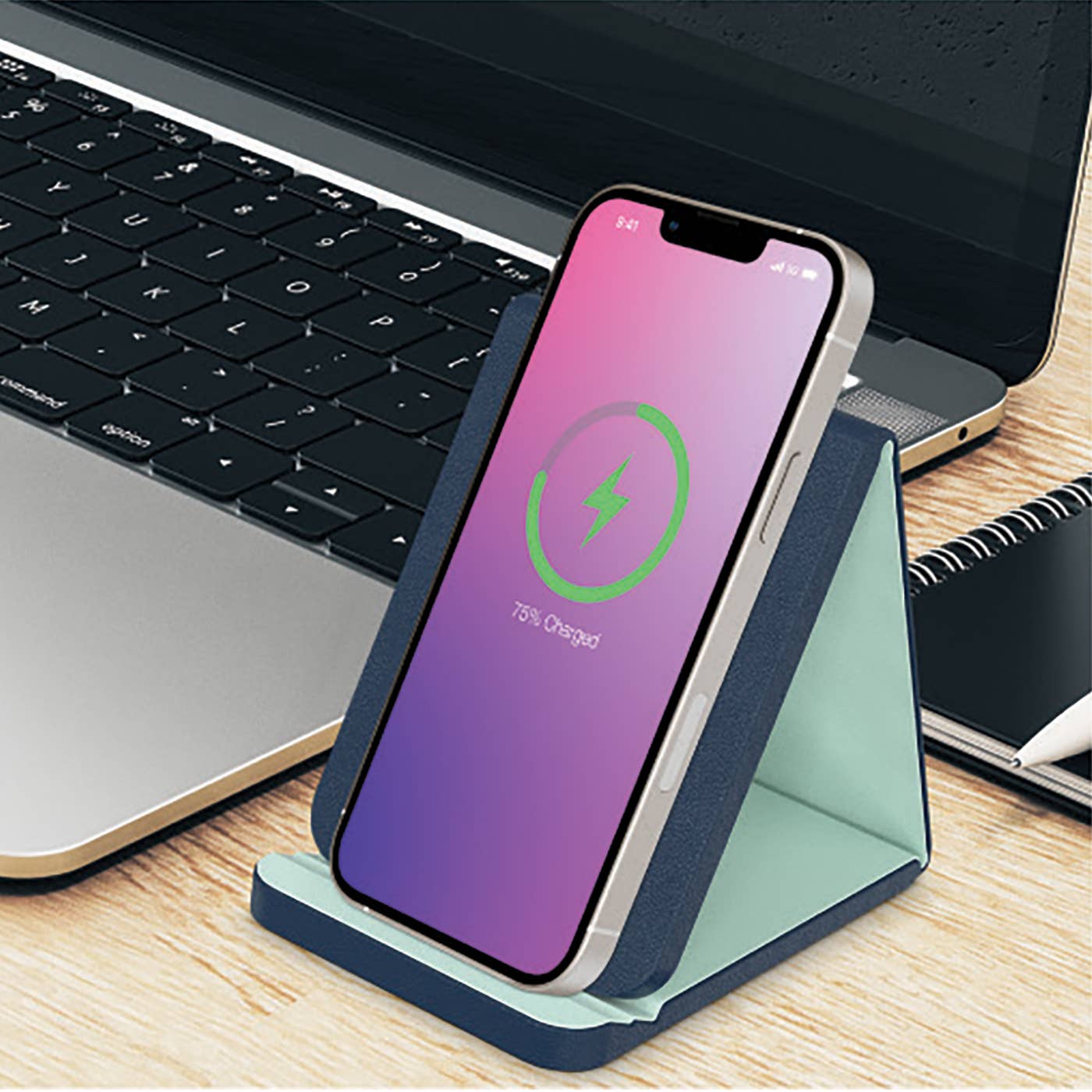 Navy with Mint - Leather Wireless Charging Folding Stand