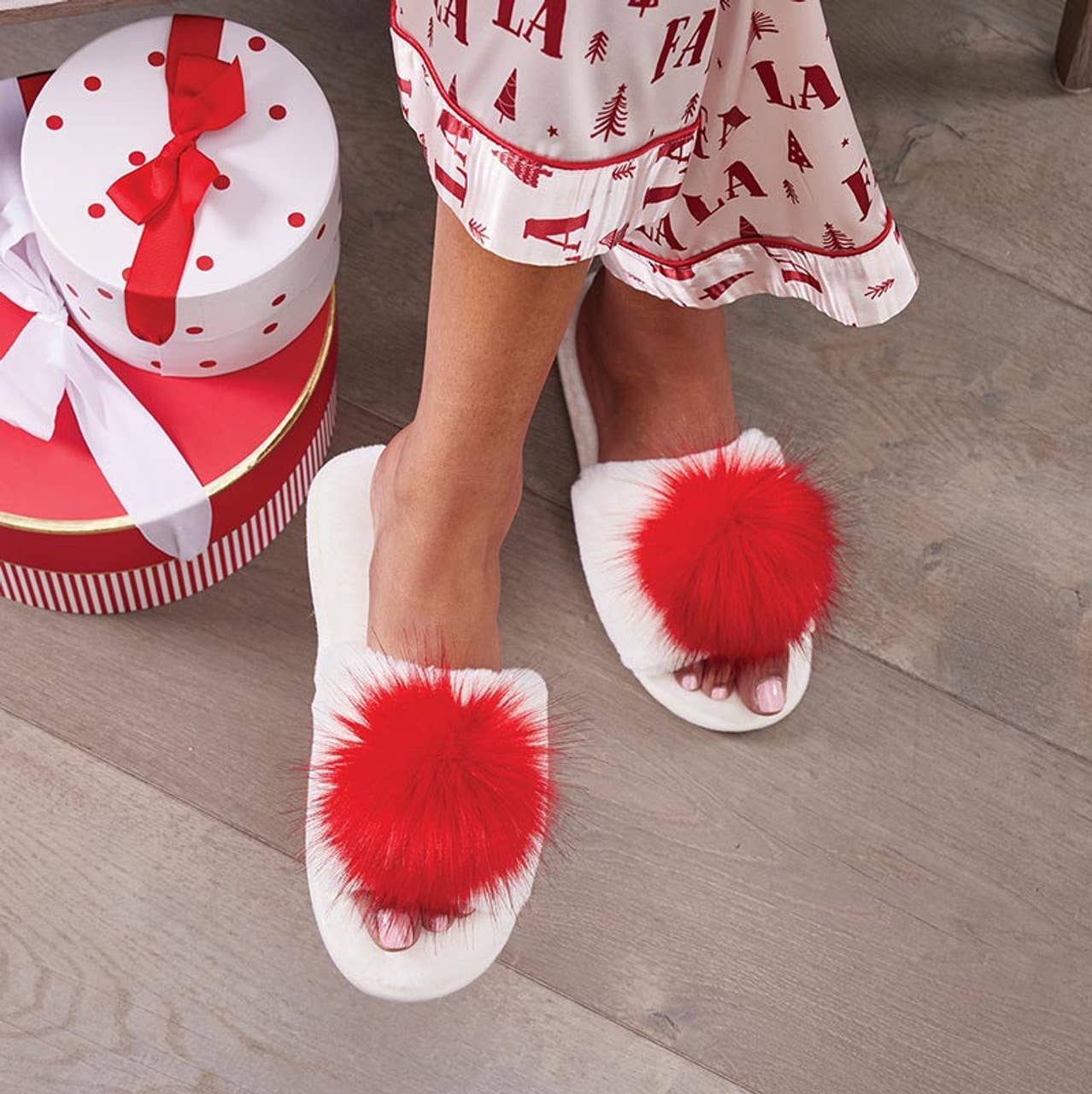 Plush Slippers - Ivory with Red Pom Pom: Large