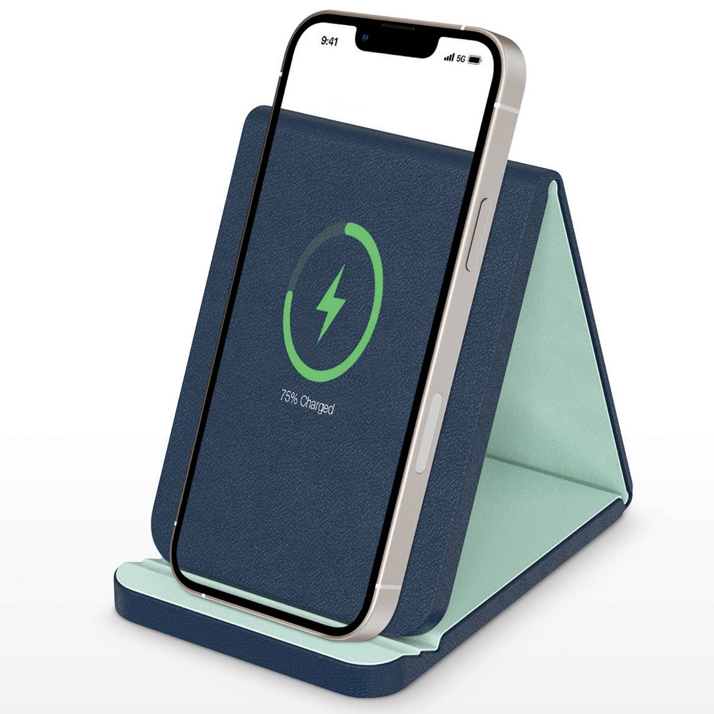 Navy with Mint - Leather Wireless Charging Folding Stand