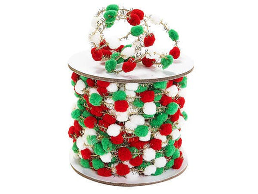 Wired Pom Pom Cord Ribbon: 1 Pack / 25 yards / White,Red and Green