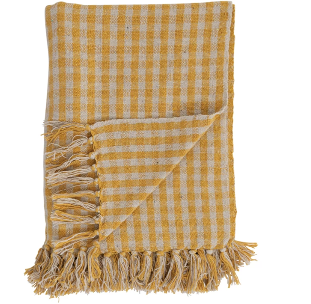 Woven Recycled Cotton Blend Throw w Fringe Gingham